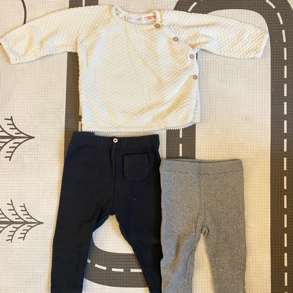 Zara Baby Outfit Set - Cream Top with Black and Gray Pants